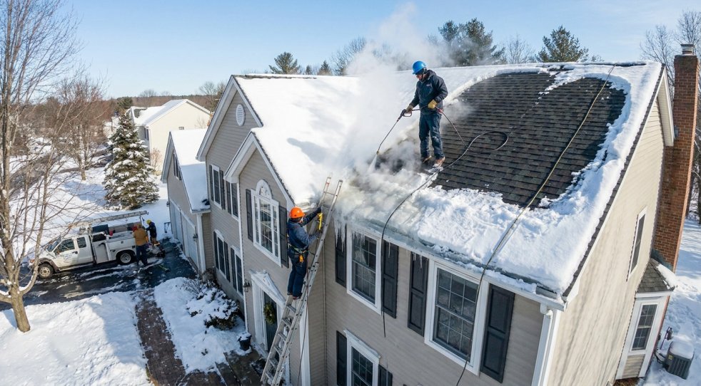 Workers removing an ice dam from a snow-covered roof with steam and ladders