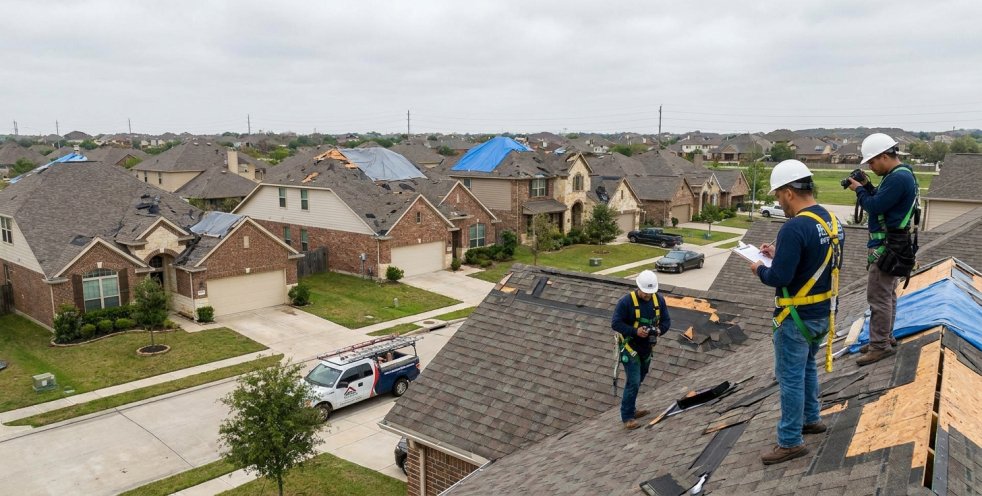 Roof inspectors assessing storm damage on a suburban home roof with tarps and repair crews nearby