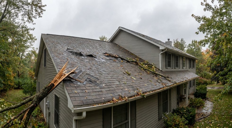 Storm-damaged Michigan roof with fallen tree limb and missing shingles on a suburban house