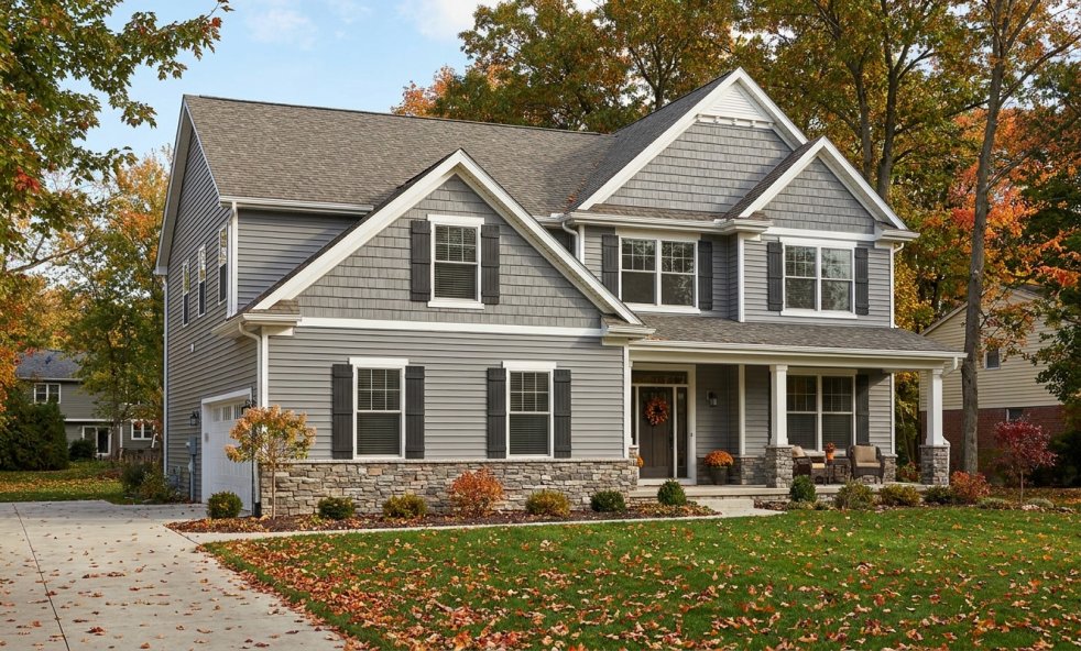 Two-story Michigan home with gray vinyl siding, stone accents, and a front porch in autumn