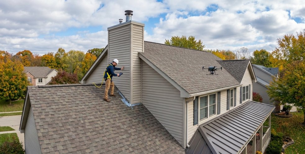 Roofer inspecting a suburban Michigan home roof with a drone in autumn