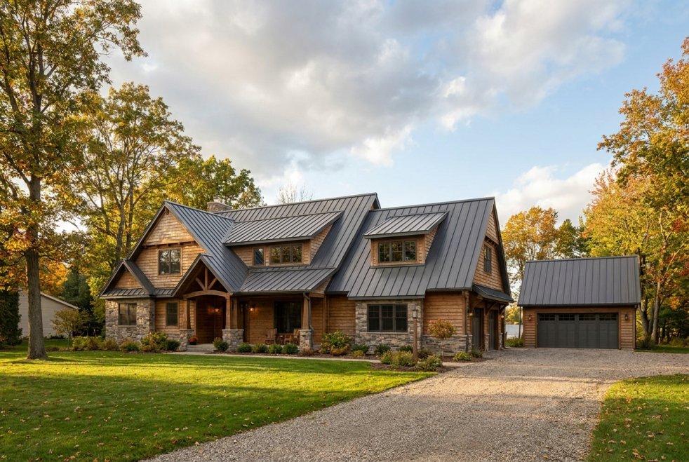 Michigan home with a gray metal roof, detached garage, and autumn trees in the yard