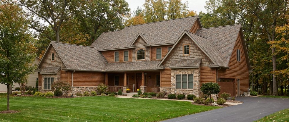 Large suburban home with asphalt shingle roof, stone exterior, and landscaped front yard