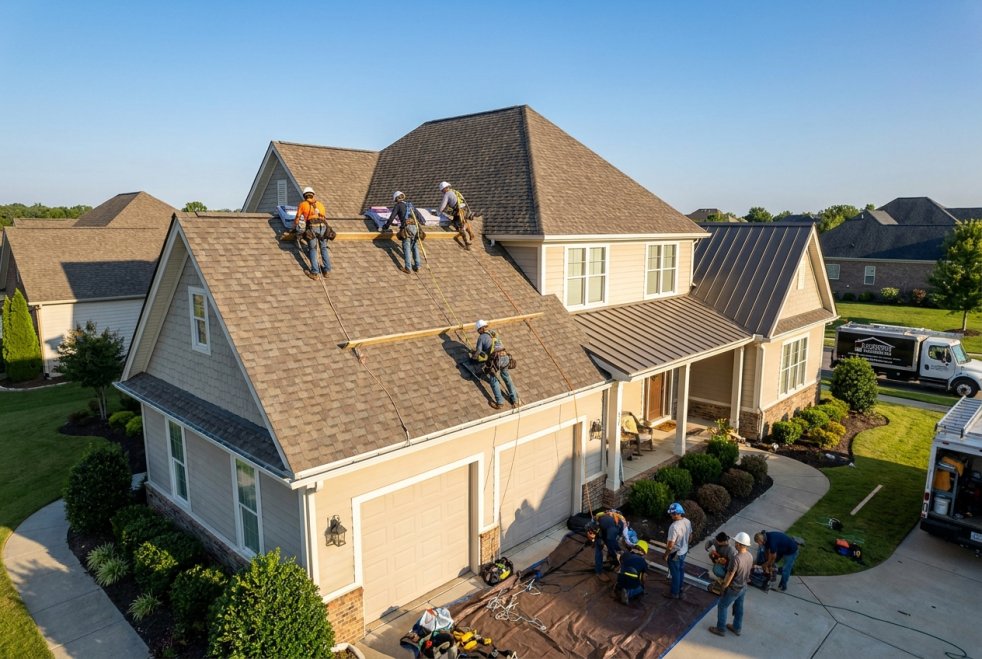 Roofing crew replacing shingles on a suburban house with tools and materials in the driveway