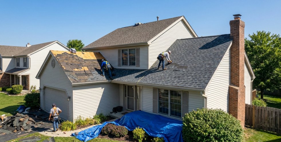 Roofing crew replacing shingles on a suburban house with a tarp-covered yard below