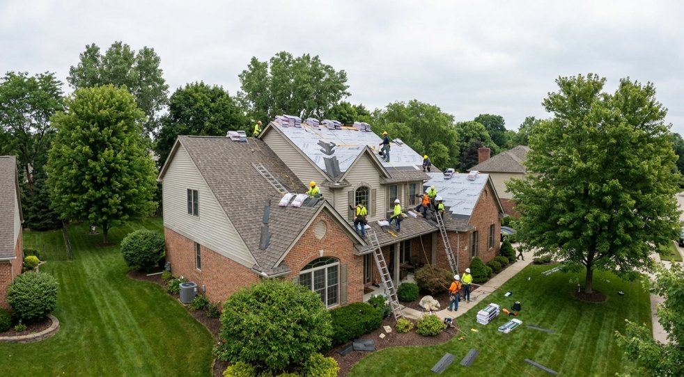 Roofers installing shingles on a suburban Michigan home with ladders and materials in the yard