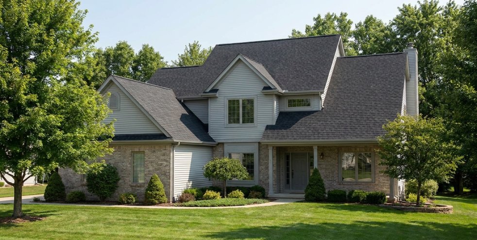 Suburban Michigan home with a new dark shingle roof and landscaped front yard